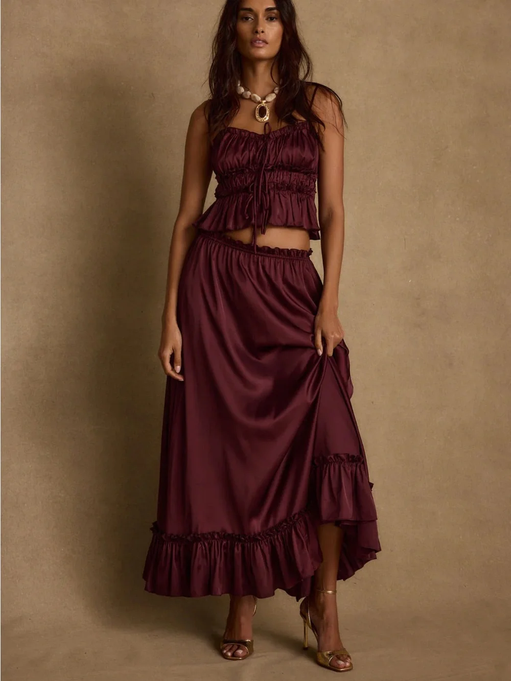 12th Tribe Dahlia Satin Maxi Set in Mulberry - Picture 1 of 3